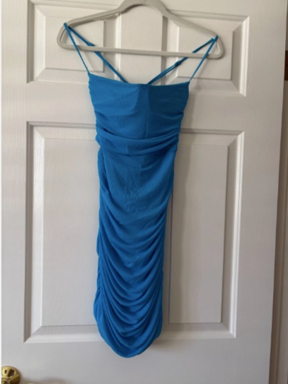 PRINCESS POLLY Ruched Bodycon Mini Dress Blue Spaghetti Straps Built-in Bra 8